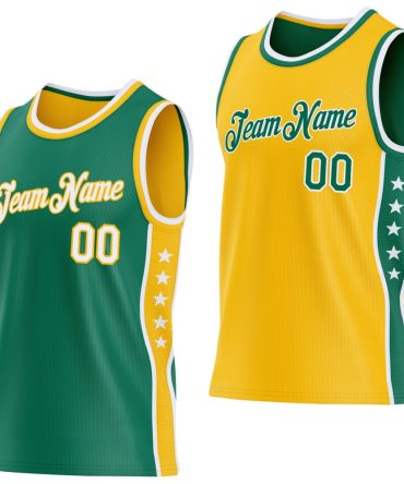 Custom Reversible Kelly Green White-Gold Double Side Star Basketball Jersey, Gift For Basketball Fans