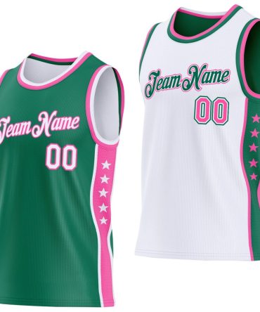 Custom Reversible Kelly Green White-Pink Double Side Star Basketball Jersey, Gift For Basketball Fans