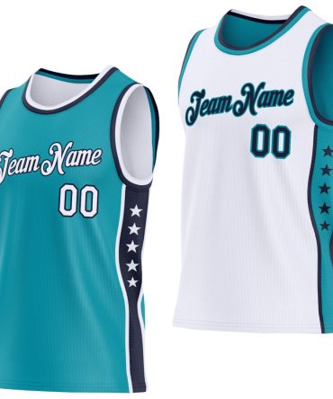 Custom Reversible Teal White-Navy Double Side Star Basketball Jersey, Gift For Basketball Fans