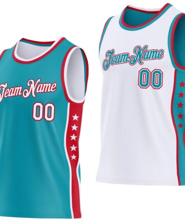 Custom Reversible Teal White-Red Double Side Star Basketball Jersey, Gift For Basketball Fans
