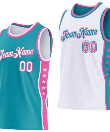 Custom Reversible Teal White-Pink Double Side Star Basketball Jersey, Gift For Basketball Fans