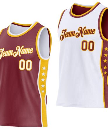 Custom Reversible Burgundy White-Gold Double Side Star Basketball Jersey, Gift For Basketball Fans