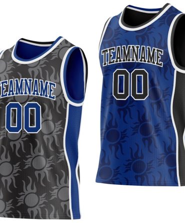 Custom Black Royal-White Side Panel Stripe Sun Flame Reversible Double Side Basketball Jersey, Gift For Basketball Fans