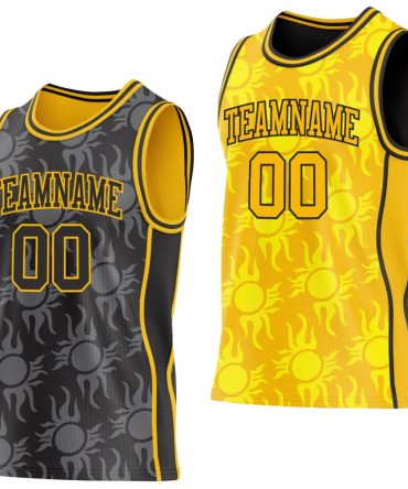 Custom Black-Gold Side Panel Stripe Sun Flame Reversible Double Side Basketball Jersey, Gift For Basketball Fans