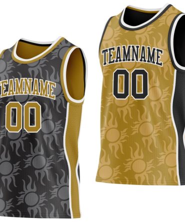 Custom Black Old Gold-White Side Panel Stripe Sun Flame Reversible Double Side Basketball Jersey, Gift For Basketball Fans