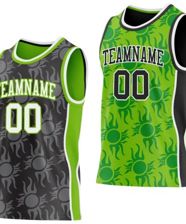 Custom Black White-Neon Green Side Panel Stripe Sun Flame Reversible Double Side Basketball Jersey, Gift For Basketball Fans