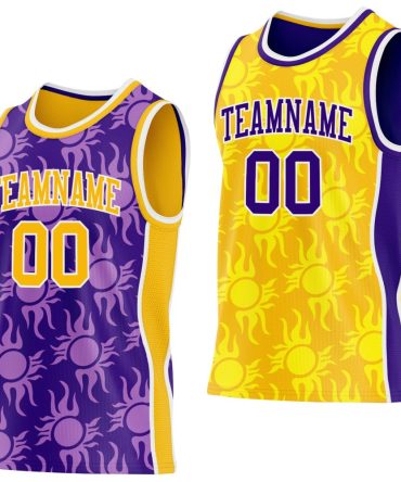 Custom Purple Gold-White Side Panel Stripe Sun Flame Reversible Double Side Basketball Jersey, Gift For Basketball Fans