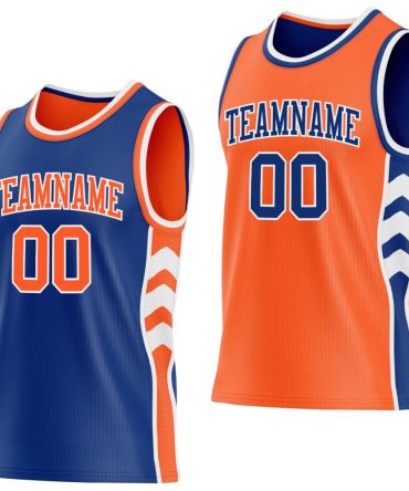 Custom Royal Orange-White Side Panel Geometric Chevron Reversible Double Side Basketball Jersey, Gift For Basketball Fans