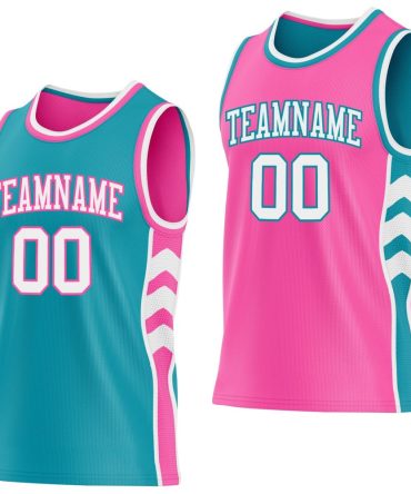Custom Teal White-Pink Side Panel Geometric Chevron Reversible Double Side Basketball Jersey, Gift For Basketball Fans