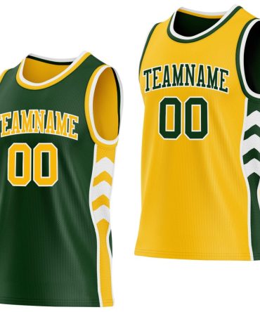 Custom Green Gold-White Side Panel Geometric Chevron Reversible Double Side Basketball Jersey, Gift For Basketball Fans