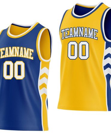 Custom Royal White-Gold Side Panel Geometric Chevron Reversible Double Side Basketball Jersey, Gift For Basketball Fans