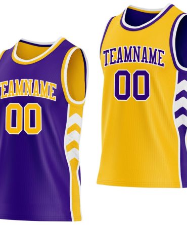 Custom Purple Gold-White Side Panel Geometric Chevron Reversible Double Side Basketball Jersey, Gift For Basketball Fans