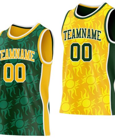 Custom Green Gold-White Side Panel Stripe Sun Flame Reversible Double Side Basketball Jersey, Gift For Basketball Fans