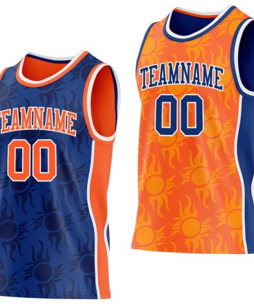 Custom Royal Orange-White Side Panel Stripe Sun Flame Reversible Double Side Basketball Jersey, Gift For Basketball Fans