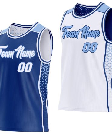 Custom Royal White-Light Blue Side Panel Stripe Geometric Triangle Gradient Dot Reversible Double Side Basketball Jersey, Gift For Basketball Fans