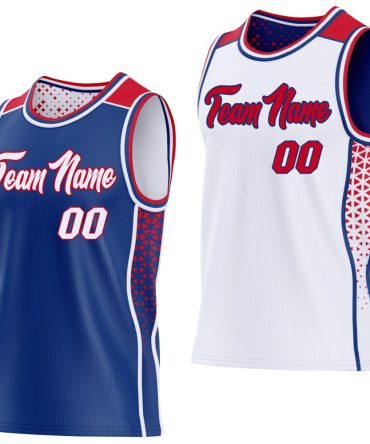 Custom Royal White-Red Side Panel Stripe Geometric Triangle Gradient Dot Reversible Double Side Basketball Jersey, Gift For Basketball Fans