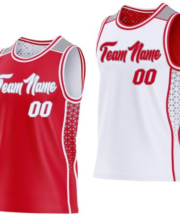 Custom Red White-Gray Side Panel Stripe Geometric Triangle Gradient Dot Reversible Double Side Basketball Jersey, Gift For Basketball Fans