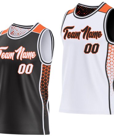 Custom Black White-Orange Side Panel Stripe Geometric Triangle Gradient Dot Reversible Double Side Basketball Jersey, Gift For Basketball Fans