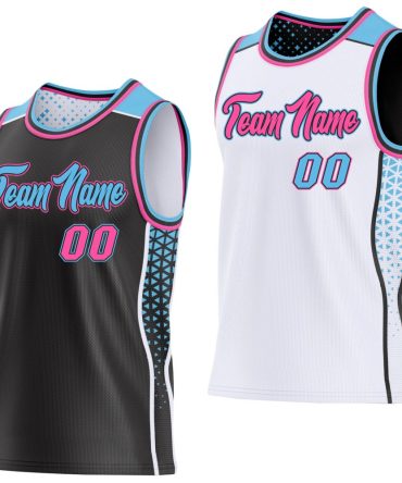 Custom Black Pink Sky Blue-White Side Panel Stripe Geometric Triangle Gradient Dot Reversible Double Side Basketball Jersey, Gift For Basketball Fans