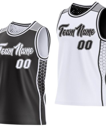 Custom Black White-Gray Side Panel Stripe Geometric Triangle Gradient Dot Reversible Double Side Basketball Jersey, Gift For Basketball Fans