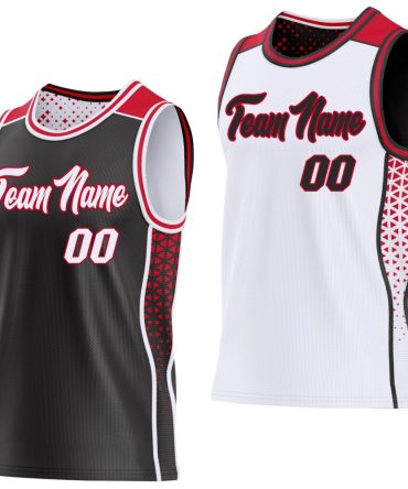 Custom Black White-Red Side Panel Stripe Geometric Triangle Gradient Dot Reversible Double Side Basketball Jersey, Gift For Basketball Fans