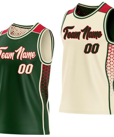 Custom Green Cream-Red Side Panel Stripe Geometric Triangle Gradient Dot Reversible Double Side Basketball Jersey, Gift For Basketball Fans