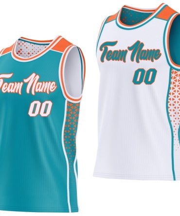 Custom Teal White-Orange Side Panel Stripe Geometric Triangle Gradient Dot Reversible Double Side Basketball Jersey, Gift For Basketball Fans