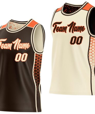 Custom Brown Cream-Orange Side Panel Stripe Geometric Triangle Gradient Dot Reversible Double Side Basketball Jersey, Gift For Basketball Fans