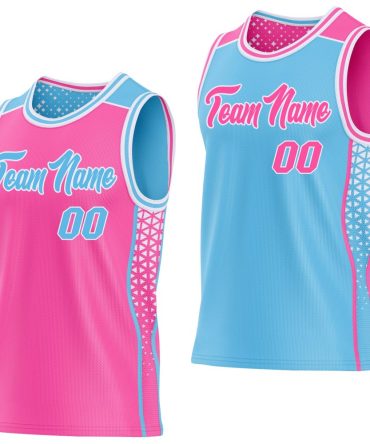 Custom Pink Sky Blue-White Side Panel Stripe Geometric Triangle Gradient Dot Reversible Double Side Basketball Jersey, Gift For Basketball Fans