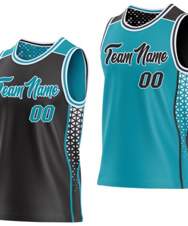 Custom Black Teal-White Side Panel Stripe Geometric Triangle Gradient Dot Reversible Double Side Basketball Jersey, Gift For Basketball Fans