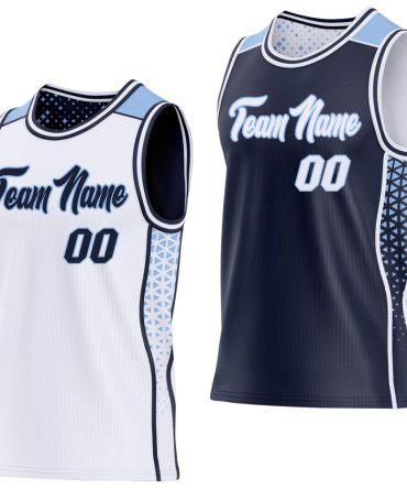 Custom White Navy-Light Blue Side Panel Stripe Geometric Triangle Gradient Dot Reversible Double Side Basketball Jersey, Gift For Basketball Fans