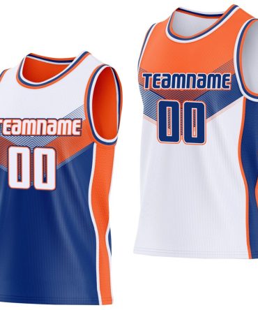 Custom White Royal-Orange Side Panel Stripe Geometric V-Cut Color Block Reversible Double Side Basketball Jersey, Gift For Basketball Fans