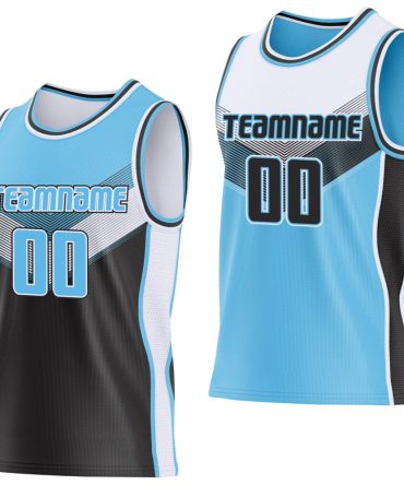 Custom Sky Blue Black-White Side Panel Stripe Geometric V-Cut Color Block Reversible Double Side Basketball Jersey, Gift For Basketball Fans