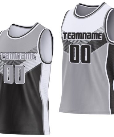 Custom Gray Black-White Side Panel Stripe Geometric V-Cut Color Block Reversible Double Side Basketball Jersey, Gift For Basketball Fans