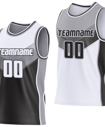 Custom White Black-Gray Side Panel Stripe Geometric V-Cut Color Block Reversible Double Side Basketball Jersey, Gift For Basketball Fans