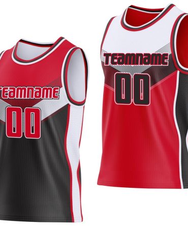 Custom Red Black-White Side Panel Stripe Geometric V-Cut Color Block Reversible Double Side Basketball Jersey, Gift For Basketball Fans