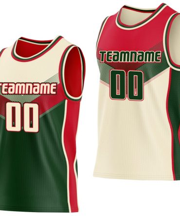 Custom Cream Green-Red Side Panel Stripe Geometric V-Cut Color Block Reversible Double Side Basketball Jersey, Gift For Basketball Fans