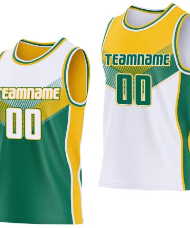Custom White Kelly Green-Gold Side Panel Stripe Geometric V-Cut Color Block Reversible Double Side Basketball Jersey, Gift For Basketball Fans