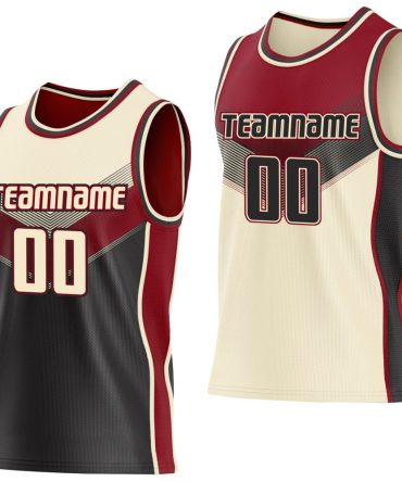 Custom Cream Black-Maroon Side Panel Stripe Geometric V-Cut Color Block Reversible Double Side Basketball Jersey, Gift For Basketball Fans