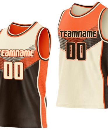 Custom Cream Brown-Orange Side Panel Stripe Geometric V-Cut Color Block Reversible Double Side Basketball Jersey, Gift For Basketball Fans
