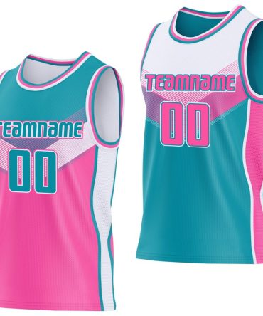 Custom Teal Pink-White Side Panel Stripe Geometric V-Cut Color Block Reversible Double Side Basketball Jersey, Gift For Basketball Fans