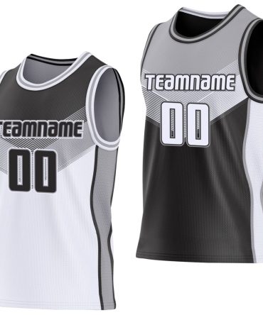 Custom Black White-Gray Side Panel Stripe Geometric V-Cut Color Block Reversible Double Side Basketball Jersey, Gift For Basketball Fans