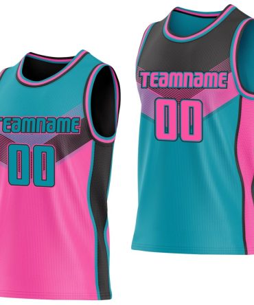 Custom Teal Pink-Black Side Panel Stripe Geometric V-Cut Color Block Reversible Double Side Basketball Jersey, Gift For Basketball Fans