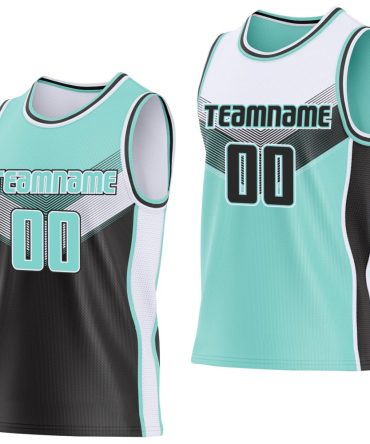 Custom Ice Blue Black-White Side Panel Stripe Geometric V-Cut Color Block Reversible Double Side Basketball Jersey, Gift For Basketball Fans