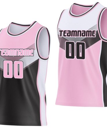 Custom Light Pink Black-White Side Panel Stripe Geometric V-Cut Color Block Reversible Double Side Basketball Jersey, Gift For Basketball Fans