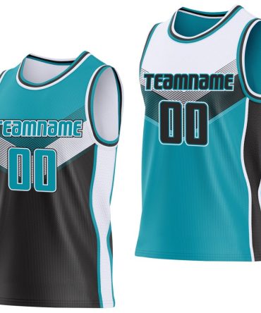 Custom Teal Black-White Side Panel Stripe Geometric V-Cut Color Block Reversible Double Side Basketball Jersey, Gift For Basketball Fans