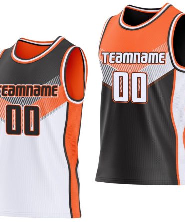 Custom Black White-Orange Side Panel Stripe Geometric V-Cut Color Block Reversible Double Side Basketball Jersey, Gift For Basketball Fans