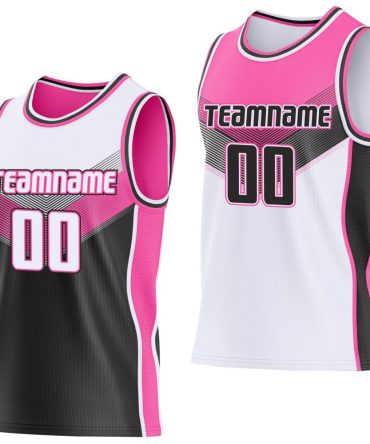 Custom White Black-Pink Side Panel Stripe Geometric V-Cut Color Block Reversible Double Side Basketball Jersey, Gift For Basketball Fans