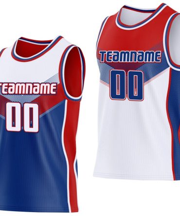 Custom White Royal-Red Side Panel Stripe Geometric V-Cut Color Block Reversible Double Side Basketball Jersey, Gift For Basketball Fans