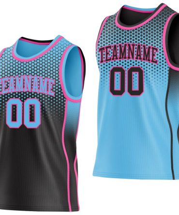 Custom Black Sky Blue-Pink Side Panel Stripe Gradient Geometric Honeycomb Reversible Double Side Basketball Jersey, Gift For Basketball Fans
